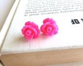 Pink Rose Earrings - neon, Valentine's Day, spring, Easter, small jewelry