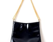 Vintage 1960's Black Patent Leather with Gold Chain Strap Purse - A Coblentz Original - Perma Plastic Trademark