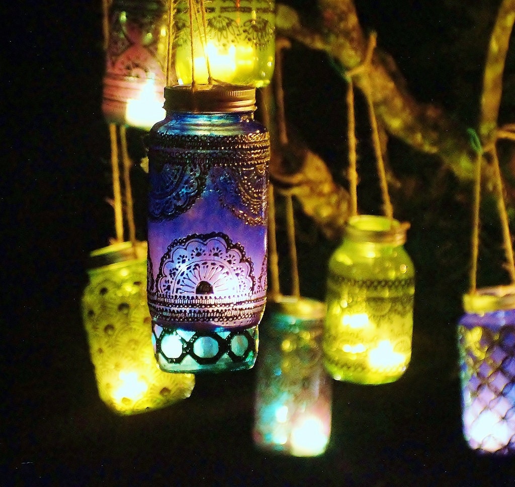 Azure Blue Glass Moroccan Jar Lantern with Dark Pewter Detailing