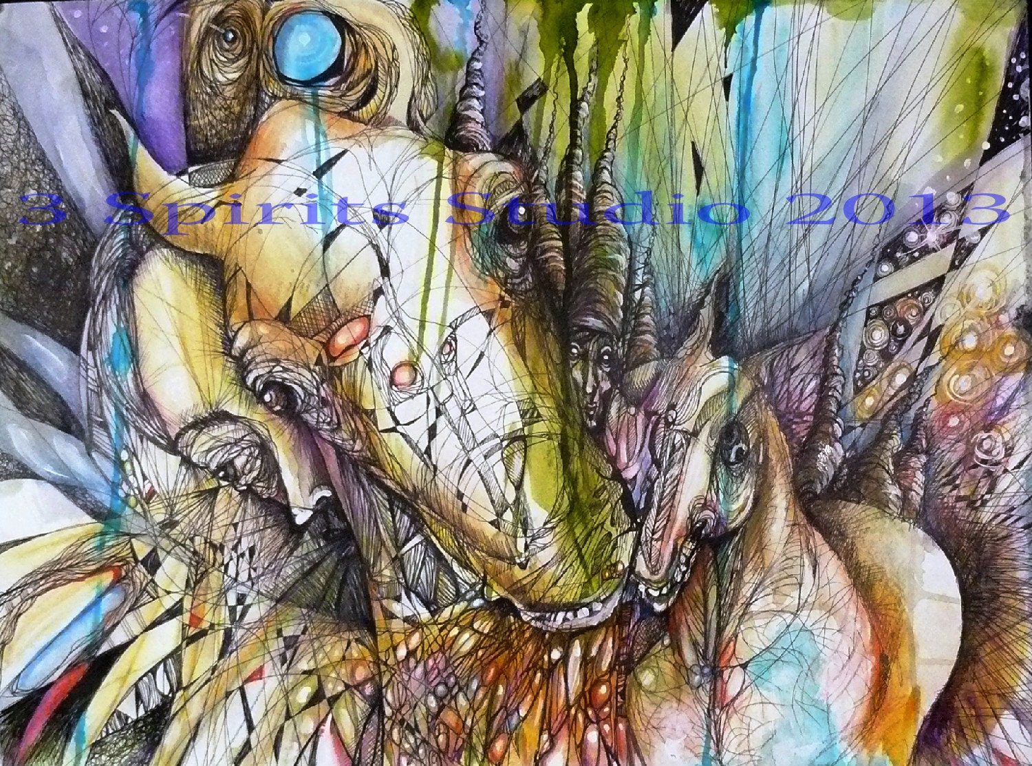 Original Abstract Pen and Ink Drawing with watercolor- "A Galloping Truth" (Part of the Herd Series)