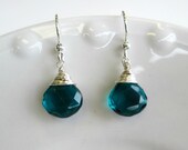 Bright Blue-Green Chalcedony Briolette Earrings Sterling Silver Under 35