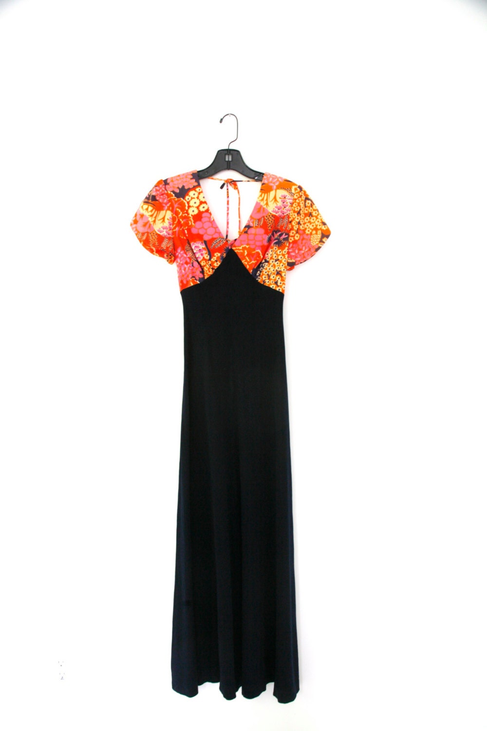 Vtg 60s Maxi Dress Art Nouveau  Pink and Navy Blue Open Tie Back Women's Small