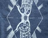 Men's Screenprint Tshirt, Palm Reader Illuminati, All Seeing Eye, Evil Eye, Sceen Print Tee, Hamsa, Festival Tee