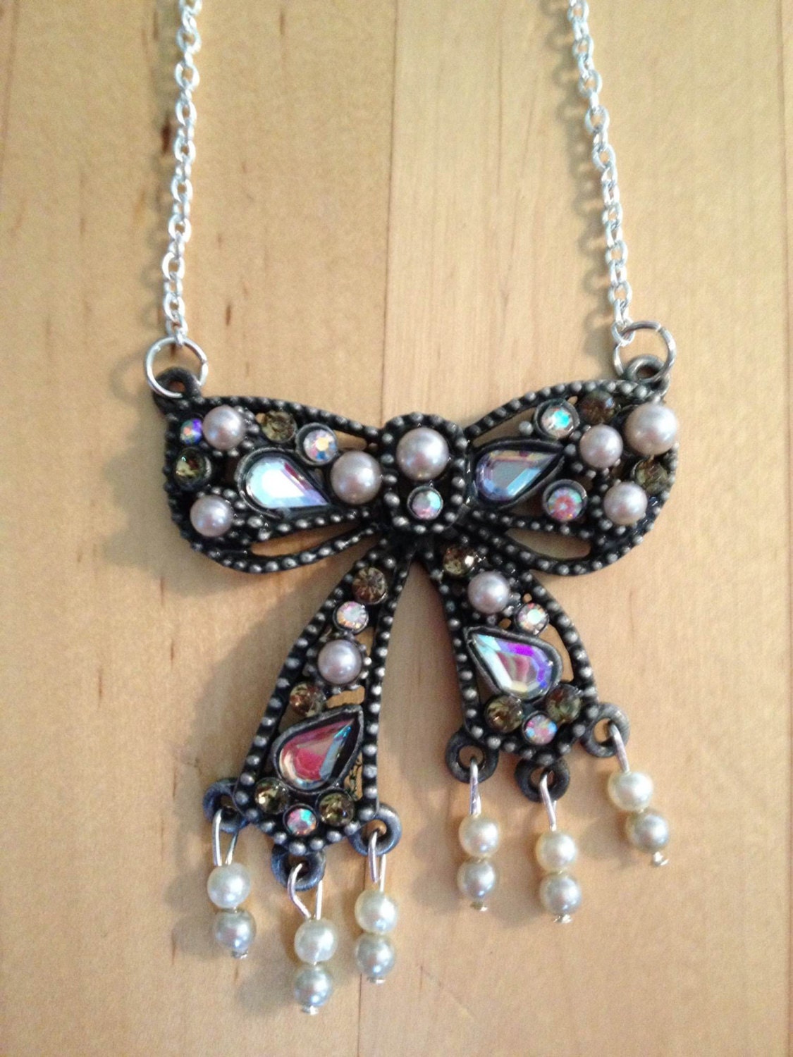 Ribbon Necklace with Pearl and Stone Accents