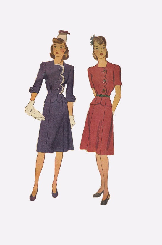 1950s Simplicity Sewing Pattern Day Dress Off Center Button Front Scalloped Hem Dart Fitted Jacket Slim Fit Skirt Bust 32