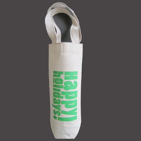SALE - Happy Holidays Canvas Reusable Wine Bag - Green