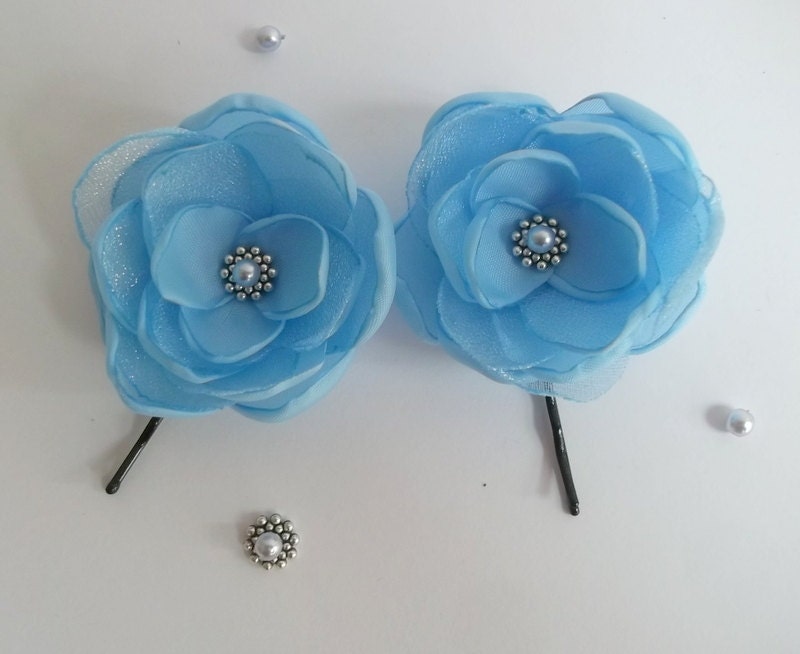 Hair clip, Shoes clasp, Bobby pin, Shoes clip, Fabric flower in handmade, Sky blue, Weddings favor, Bridesmaids accessory, Set 2, Gift