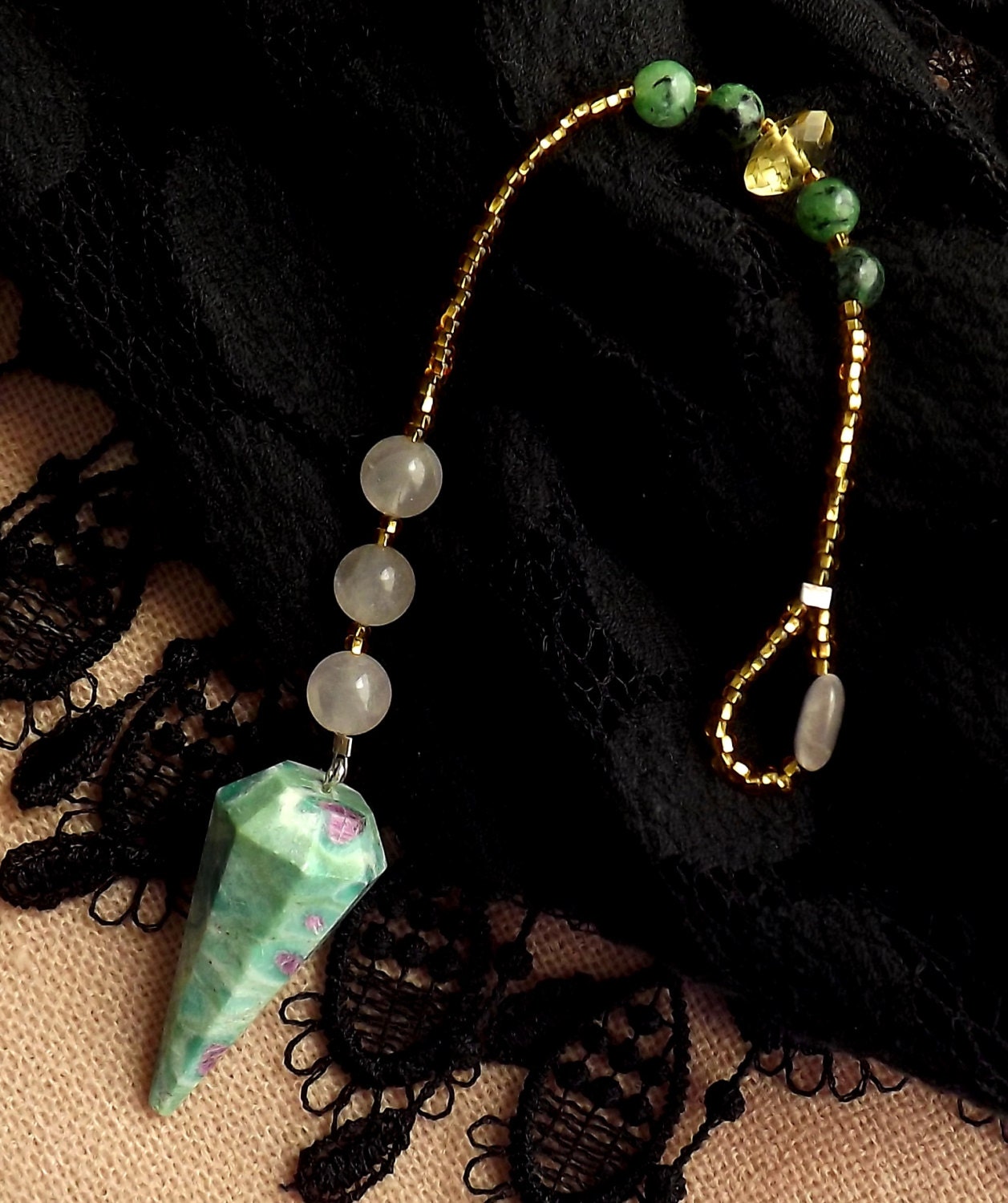 Ruby in Fuchsite Pendulum with rose quartz, zoicite, and faceted citrine