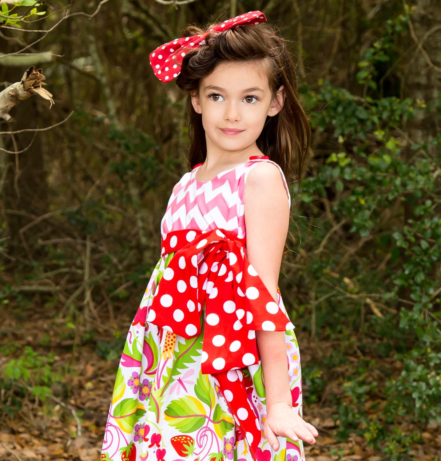 Venice Dress - Wedding - Children Clothing - Natural Floral Dress - Red Polka Dots Bow - Dress with Bow - Children Fashion - 2T to 6T