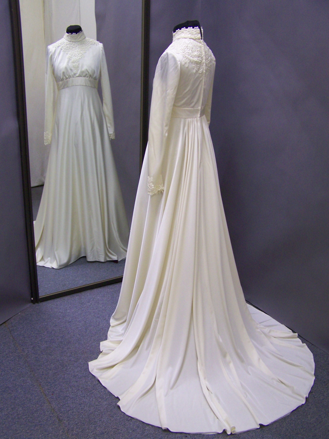 1960's long sleeved, double knit, a-line wedding gown