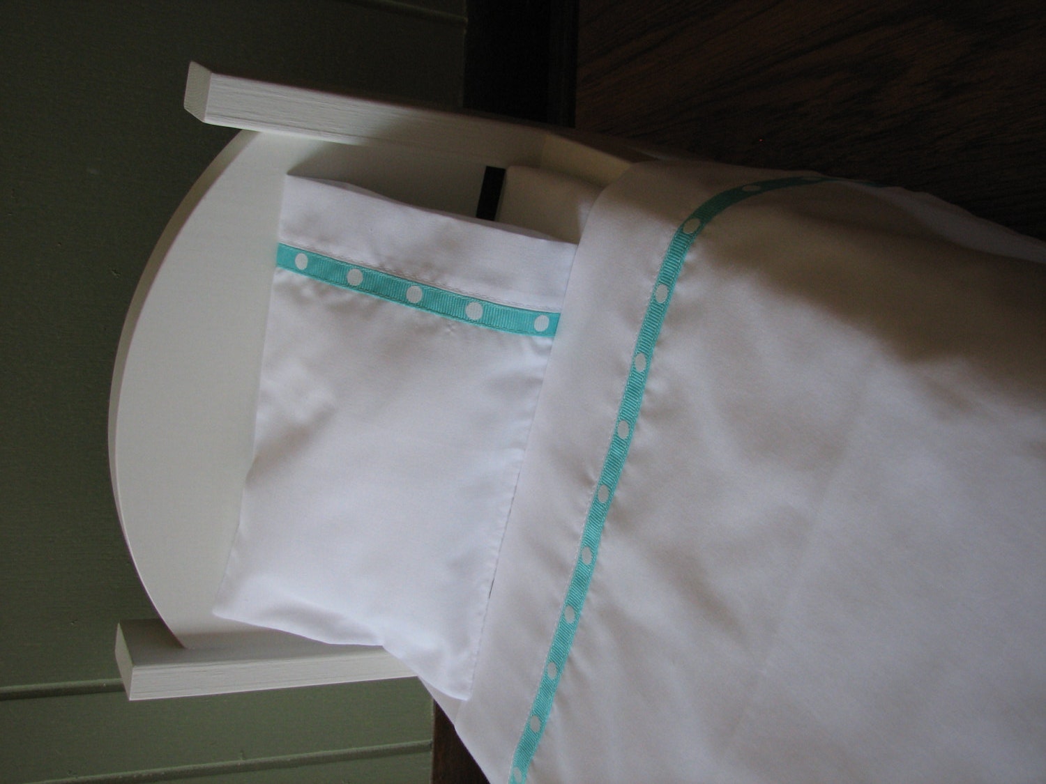 American Girl /18" Doll Bedding - 3 Piece Linen/Sheet Set - Sheet, Pillow, Pillowcase - Large Aqua Polka Dot