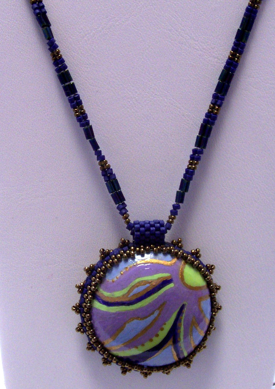 Seed bead necklace with hand painted polymer clay by LadyAbeada