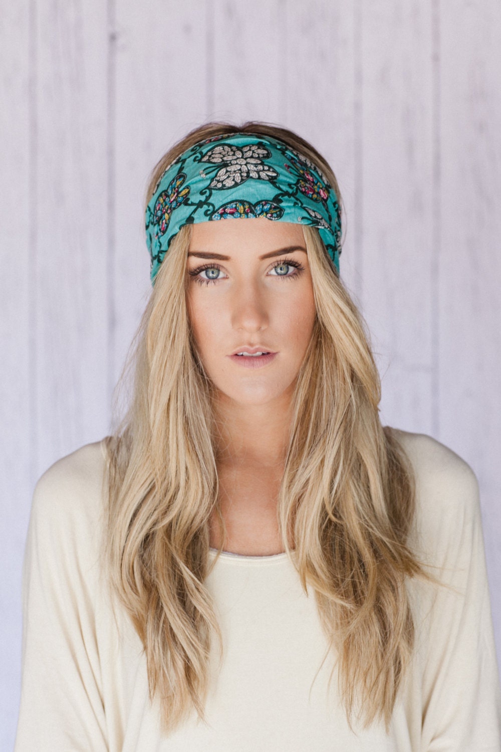 Butterfly Head Wrap Flutter You Doin' Here Headband Wide Butterfly Sparkle Aztec Inspired Headband TEAL Cotton Wide Head Wrap