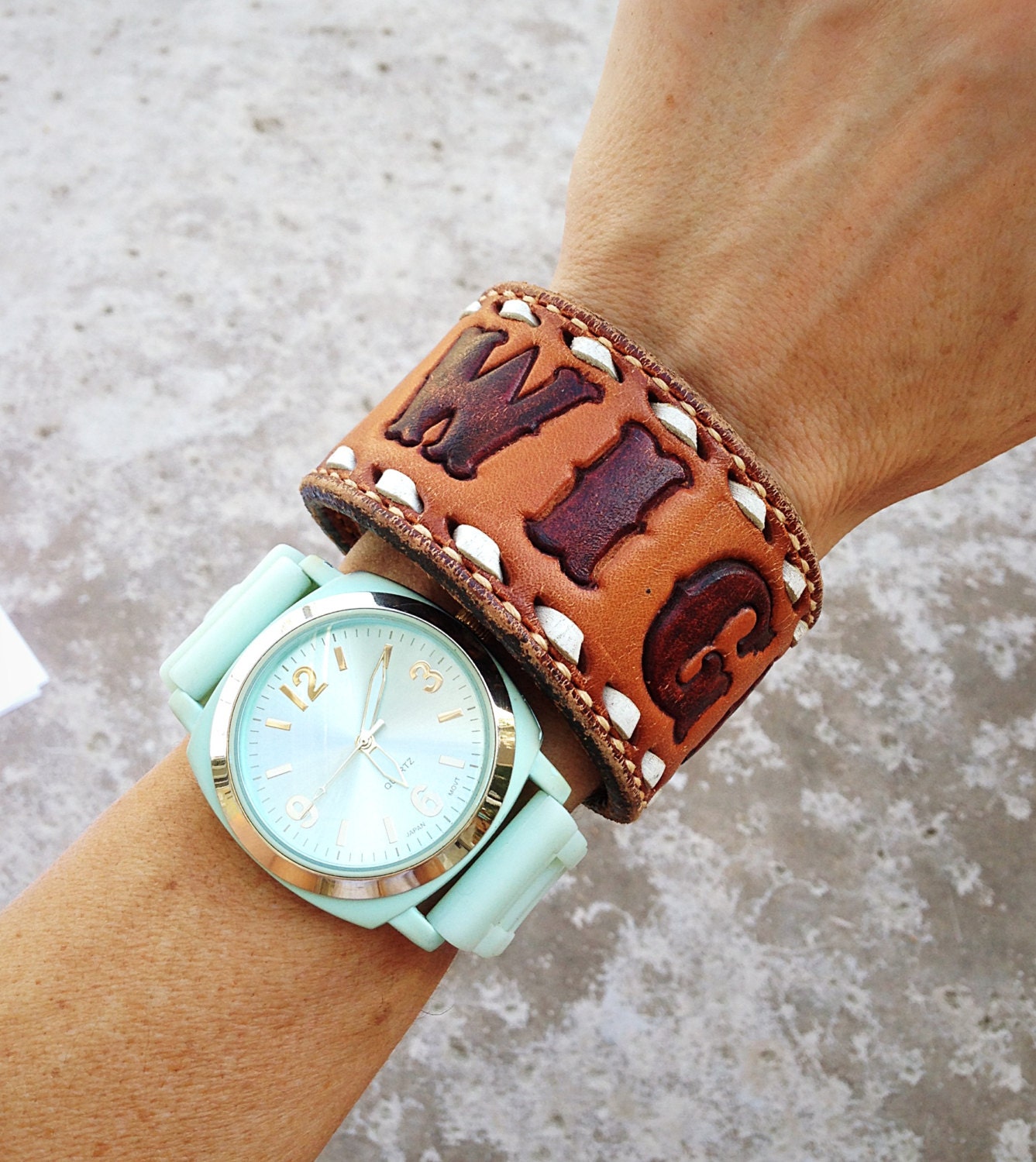 Leather Cuff Bracelet with Tooled DWIGHT Vintage Leather Cuff Jewelry Bracelets Upcycled Leather vintage Women's (CUFF14)