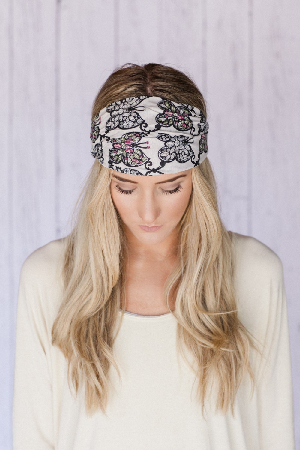 Flutter You Doin' Here Headband Wide Butterfly Sparkle Aztec Inspired Headband WHITE Cotton Wide Head Wrap