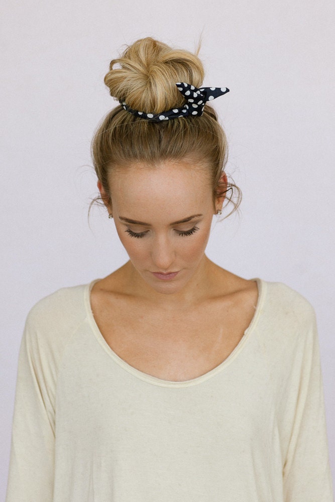 Fabric Bun Wraps BLACK Polka Dot Wired Hair Accessory for Buns or Pony Tails Braid Ins for Hair