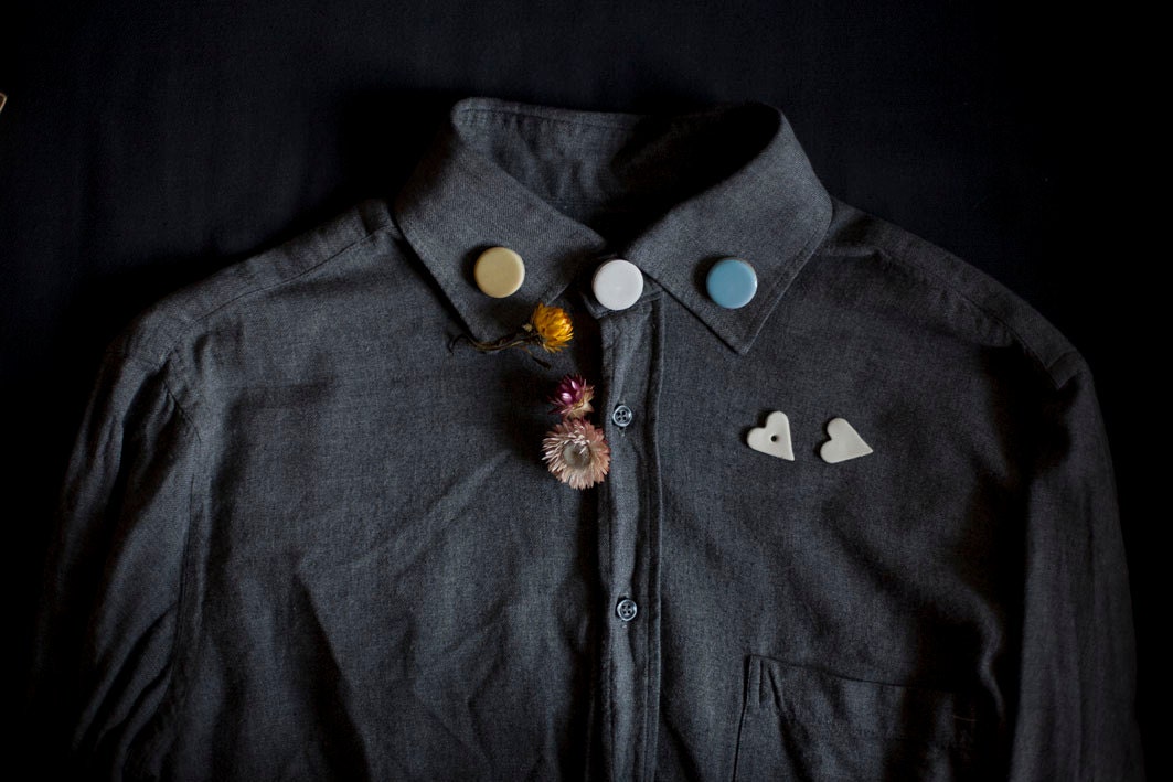 ceramic pins - brooches in matte light ivory yellow, matte aspirin white and glazed sky blue