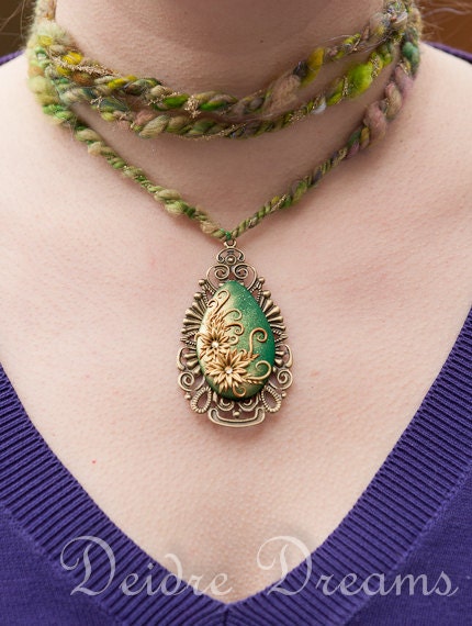 Pagan Tribal Fusion Hippie Boho Gypsy Chic Statement Art Yarn Necklace Gold Green - Polymer Clay Flower Pendant - Art Yarn Fiber Jewelry