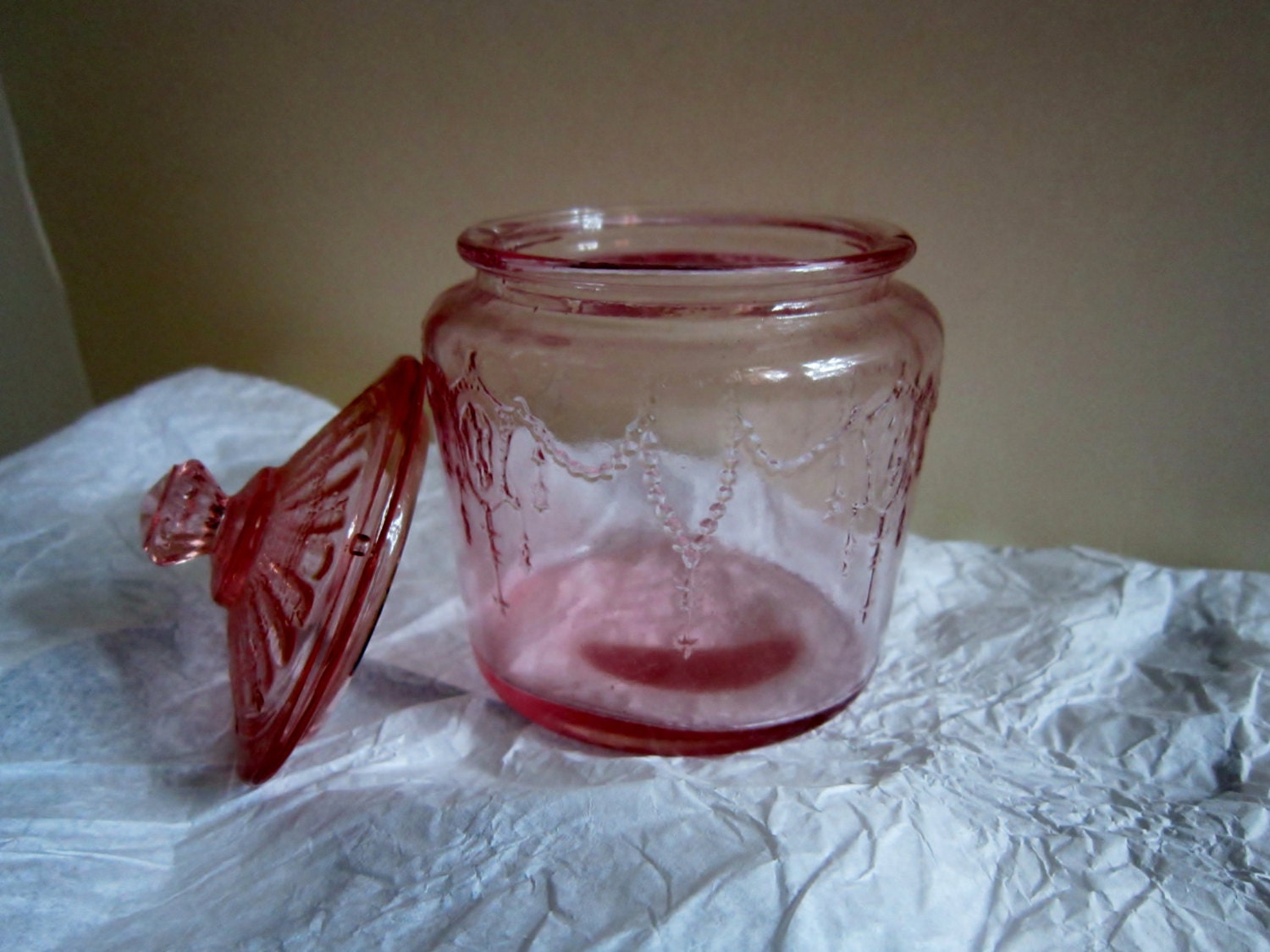 Pink Depression Glass Jar with Lid Baby Bridal Gifts