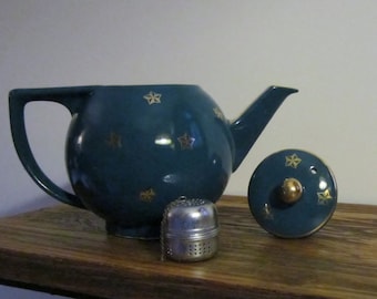 Vintage Hall China Tea Pot 1940s Teal Gold Stars