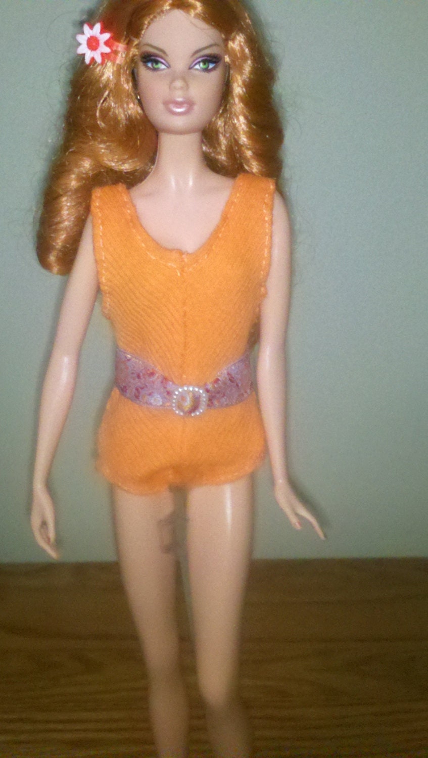 Orange one piece bathing suit for Barbie with matching belt