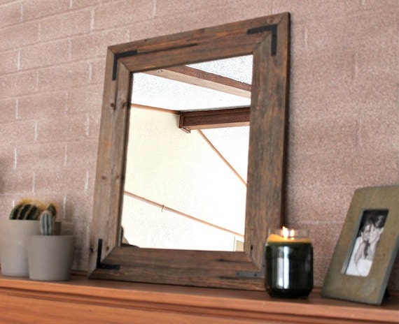 Set of Two Rustic Industrial Eco Decor Reclaimed Wood Mirrors - finished framed farmhouse mirror