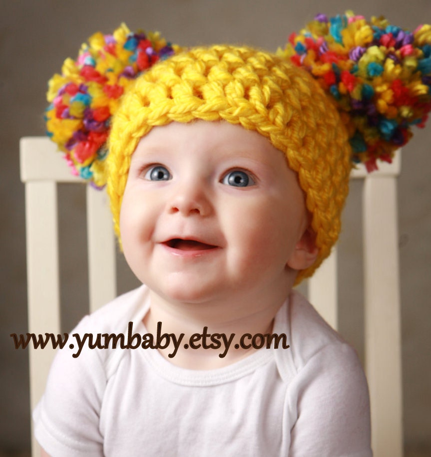 Toddler Baby Girl Hat Chunky Yellow Pink White Blue Purple pastel Crochet Knit Infant Double Pom Pom Beanie Photography Prop