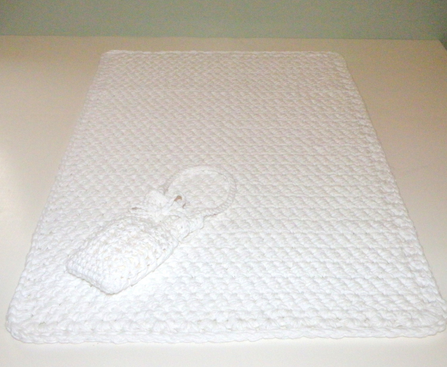 Thick White Bath Mat in Cotton with Soap Saver Sack Gift with Purchase, Handmade Eco- friendly Crocheted Spa Collection Bathroom Gift Set