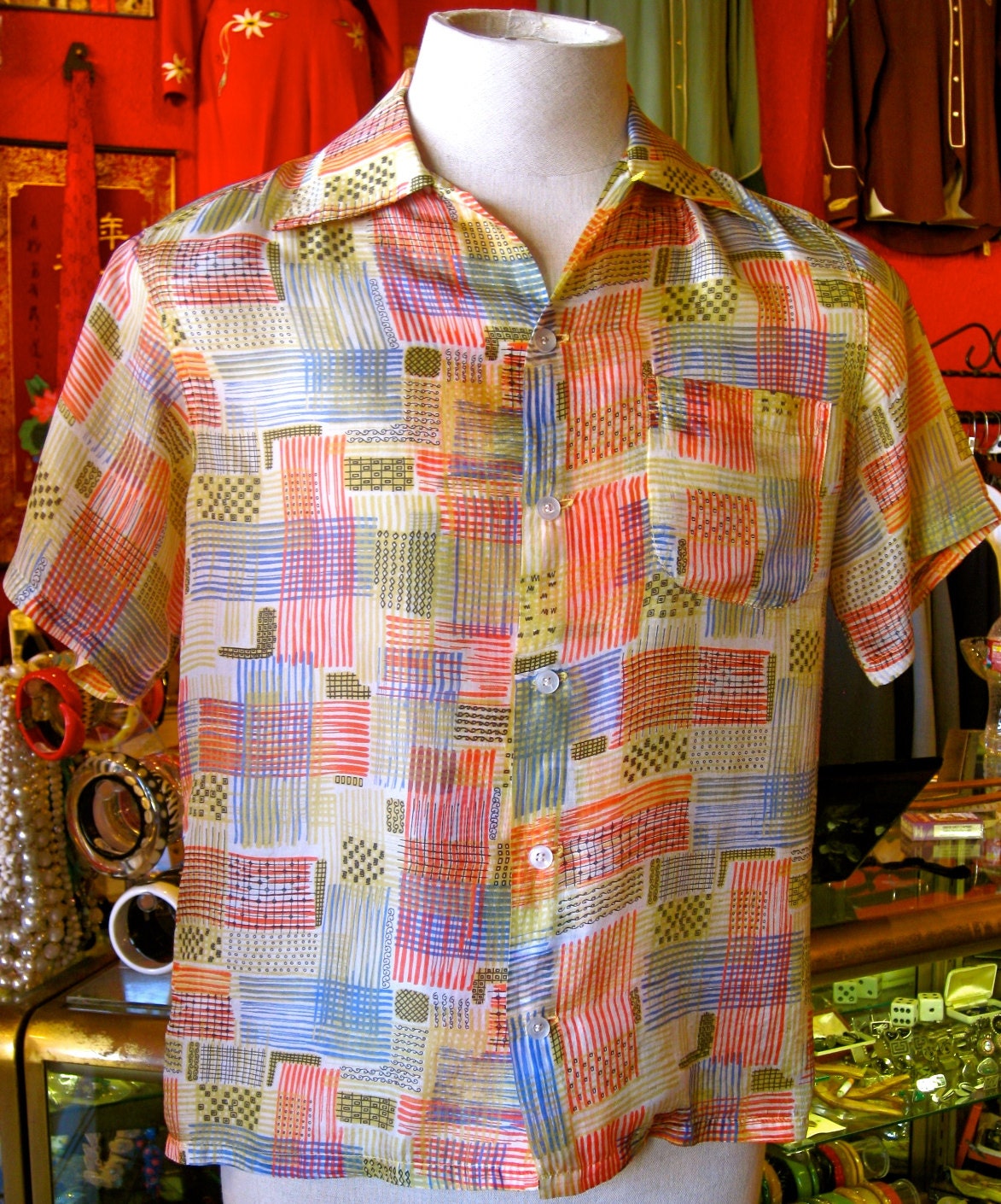 Killer Sheer Silk Atomic Print 50's Pan American shirt.