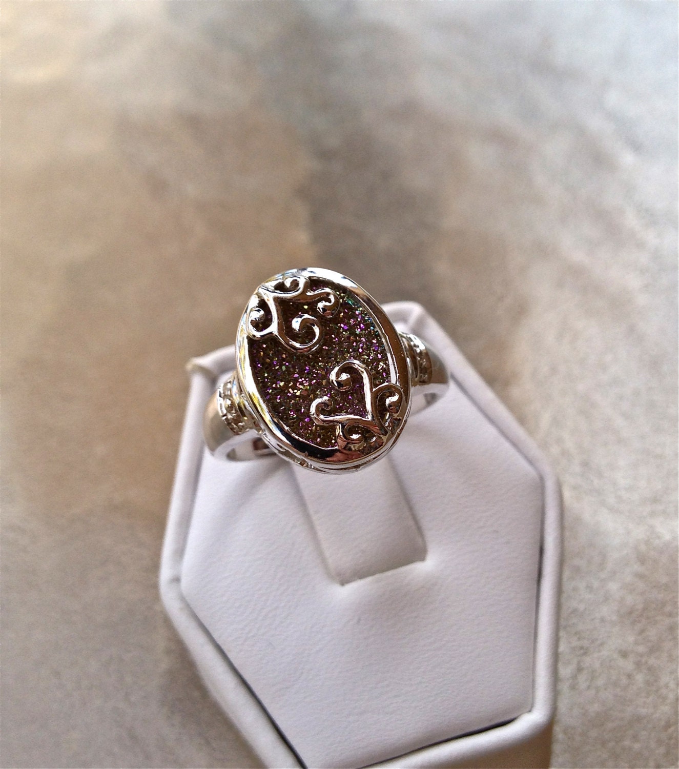 Drusy Quartz Heart Sterling Silver Ring Size 9