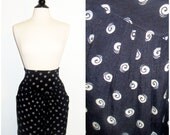 Cute Upcycled Skirt with Pockets Vintage High-Waisted Ivory Swirls in Navy Blue Unique Eco-Fashion