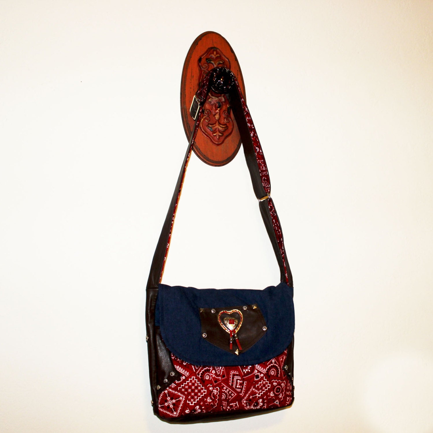 Western Bag Upcycled Leather Messenger Cowgirl Purse Studded Heart Paisley Bandana Print 5 Pockets