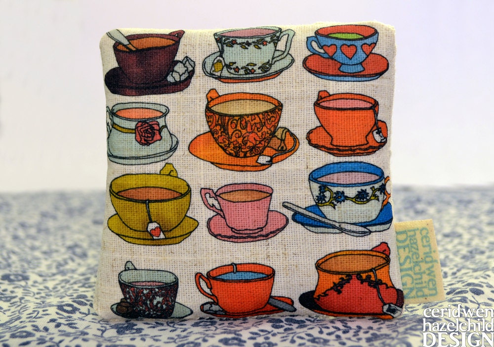 Teacups and Saucers Illustration Linen Lavender Bag