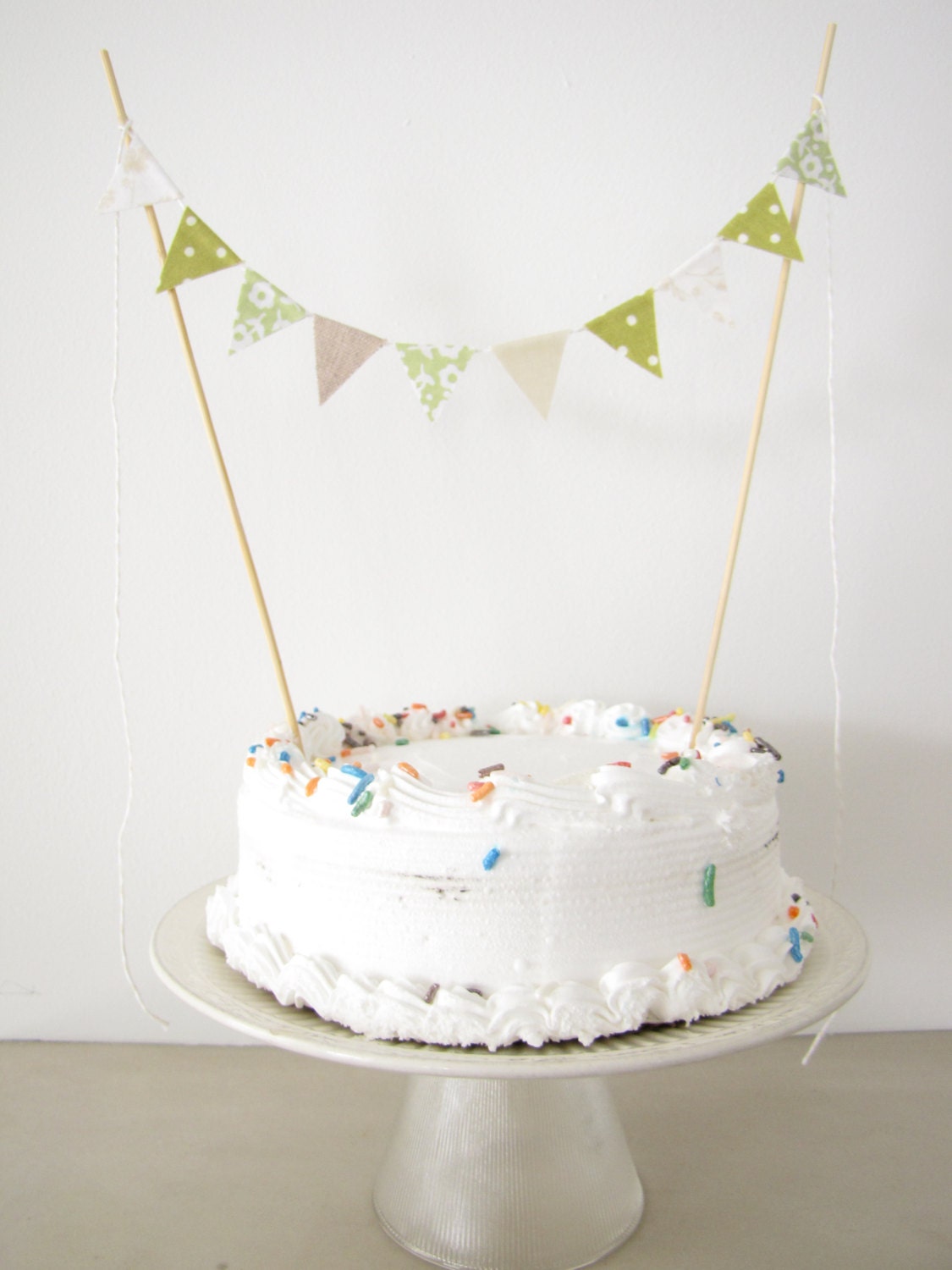 Fabric Cake Topper - Bunting Decoration - Wedding, Birthday Party, Shower Decor "Meadow" pale spring green olive dots burlap cream floral
