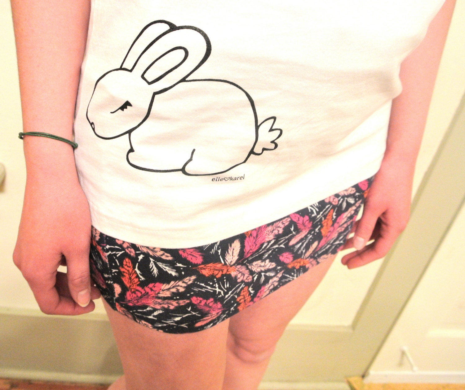 Elle Karel Original Bunny Illustration Screenprinted on Organic Cotton V-Neck T-Shirt