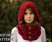 CROCHET PATTERN Hooded Cowl, Button Neck Warmer, Crochet Hoodie Instant Download