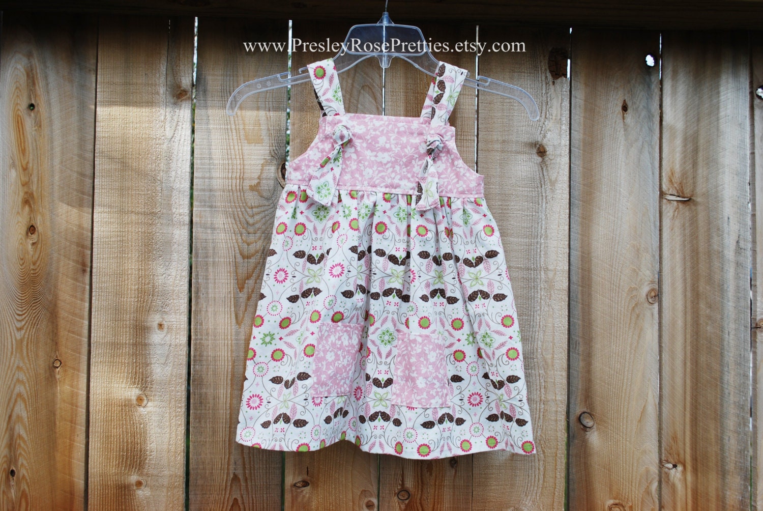 Knot Dress, Girls Size 3 - READY TO SHIP - Pink, Ivory and Green Flowers - Spring, Gift