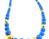 Retro Blue Necklace, Gold and Blue Solid Lucite Beads, Nautical, Mod