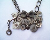 STEAMPUNK Necklace Vintage Pocket Watch Parts Gear Gunmetal Silver Gray Face Bird Bow Flower Wheels Handmade by DKsSteampunk