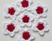 Crochet Applique Flowers, Red and White, 7 flowers