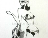 Mod Fashion Art - fashion illustration - 1960s nautical swimsuit - original pencil drawing - summer decor art