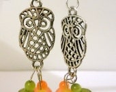Silver Owl Earrings with Green, Orange, Yellow beads