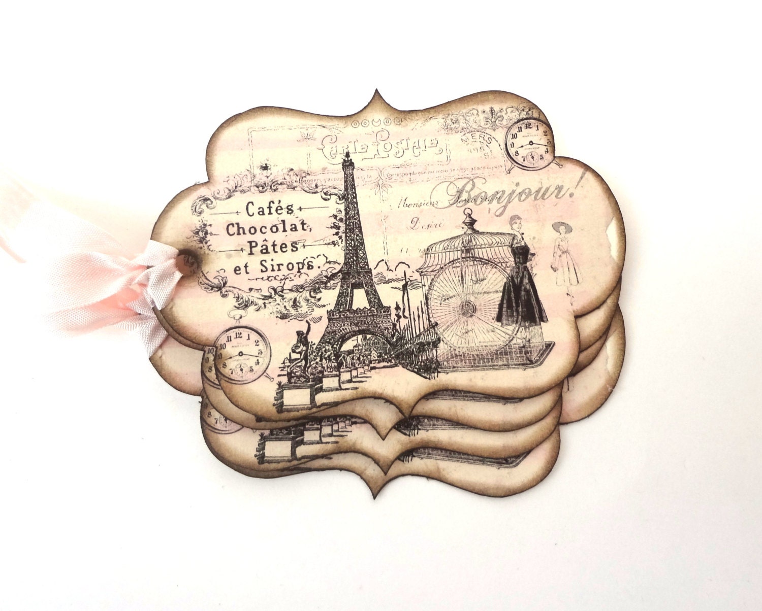 Vintage Paris Tags, French Gift Tags, Eiffel Tower, Shabby Chic Tags, Pale Pink Stripes, Carte Postale, Parisian Collage Tags, Set of 4