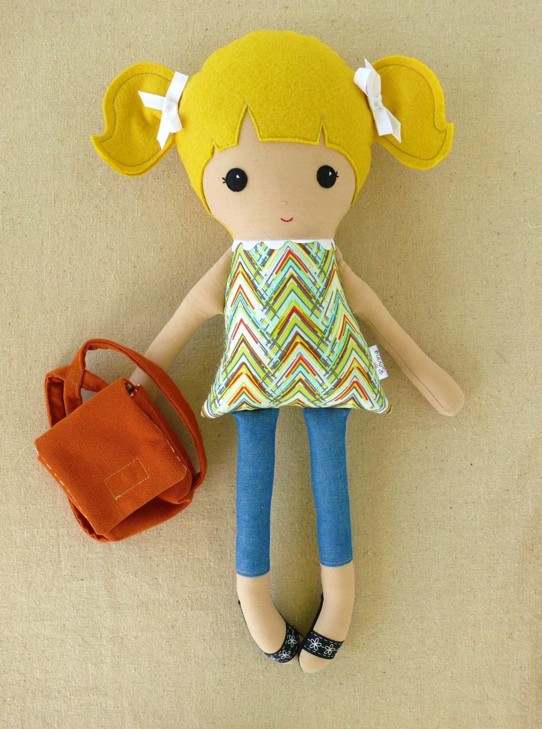 Fabric Doll Rag Doll School Girl with Backpack and Books