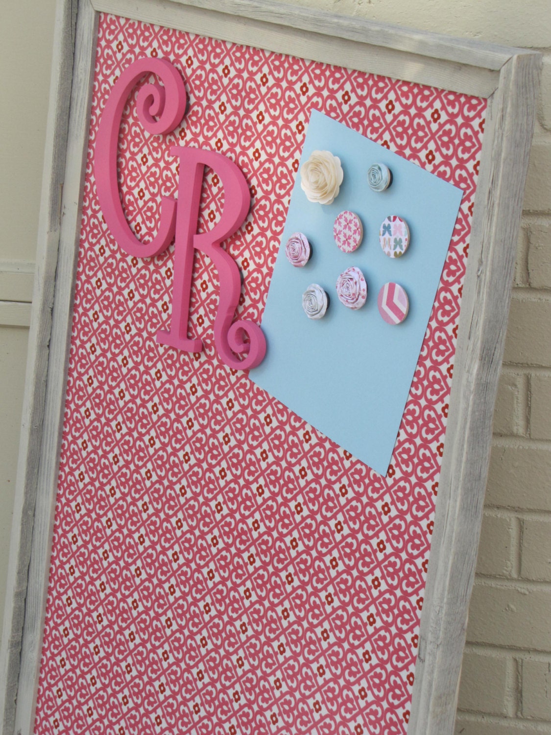 27x39 cream painted barnwood FRAMED FABRIC MAGNET board, memo board, modern pink fabric, organize, initials, The Charming Wall