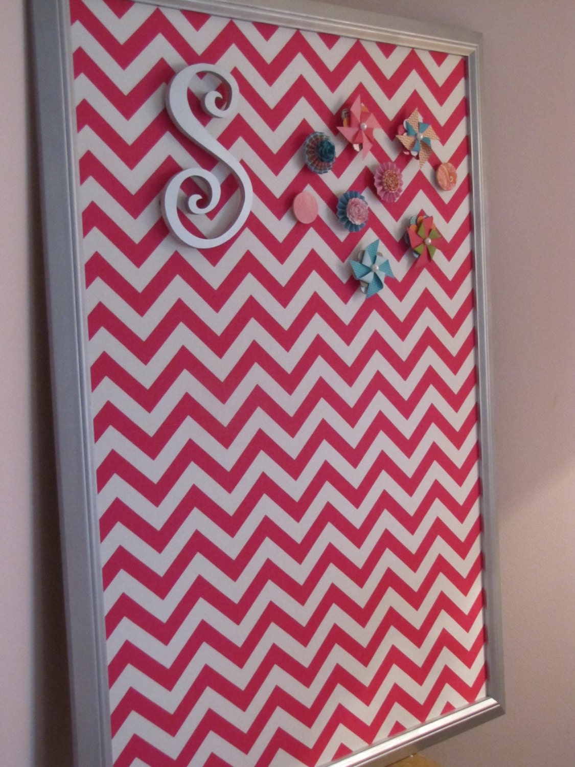 25 x 31 FRAMED FABRIC MAGNET board, memo board, hot pink chevron, organize, megnetic board, the charming wall