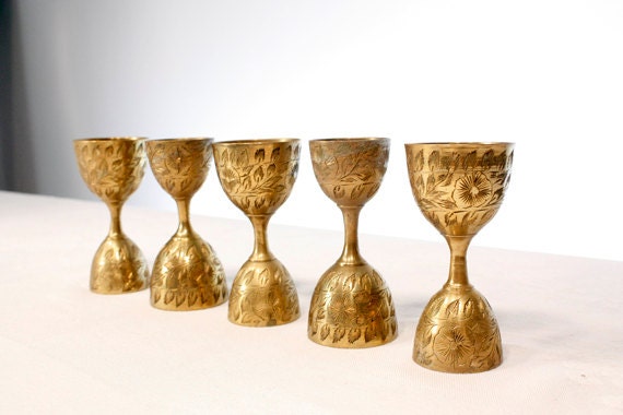 Vintage Brass Egg Cups with Flower Pattern Made in India: Set of 5