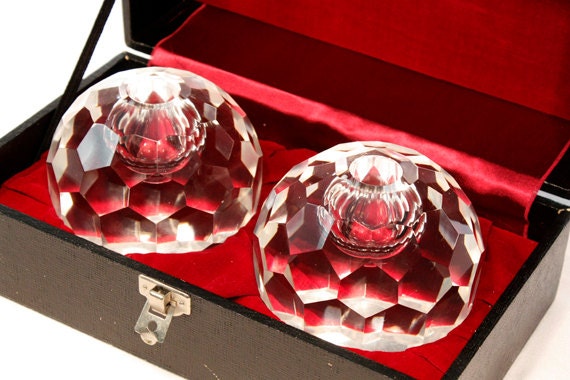 Vintage Post House Cut Crystal Hexagon Candle Holders with Burgundy Velvet Lined Box: Set of 2