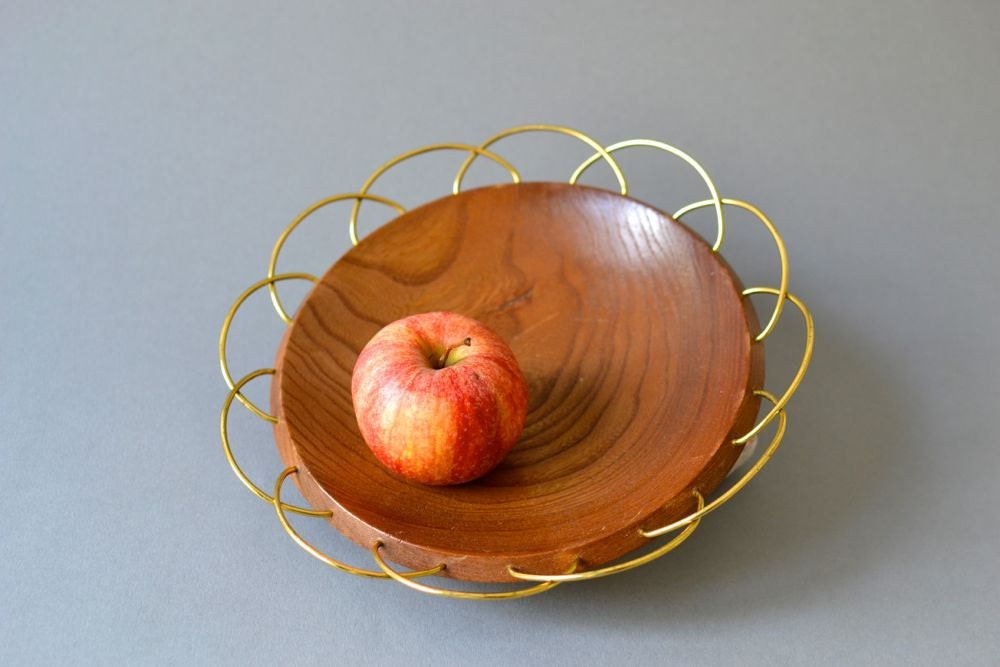Vintage West German teak wood fruit bowl Mid Century Modern gold wire