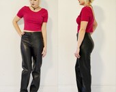 Vintage FRENCH FAUX LEATHER 90's Pants / Black  Club Kid Raver Vegan Straight Leg Slacks